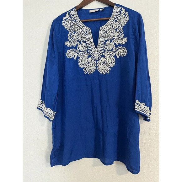 Chico’s Top Women’s 3 XL Colbalt Royal Blue Beaded Rayon 3/4 Sleeve Loose‎ Fit - Picture 1 of 8